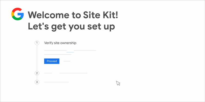 An animated GIF demonstrating how to verify site ownership and set up Site Kit in WordPress.