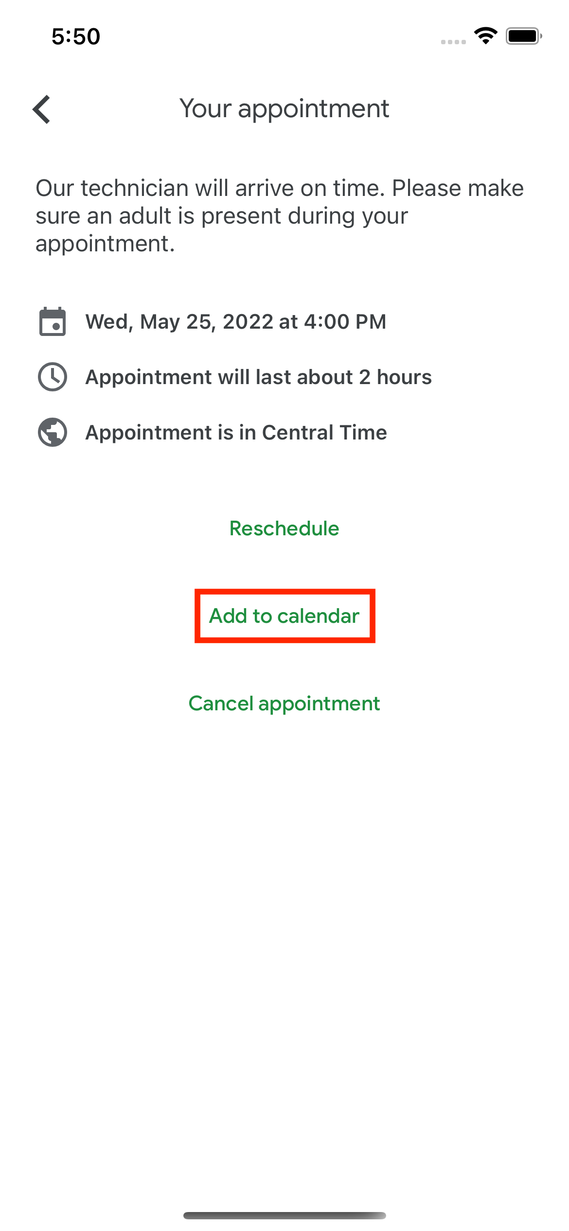 The Google Fiber app "your appointment" screen. There are three links at the bottom: "Reschedule," "Add to calendar" (circled in red), and "Cancel appointment".