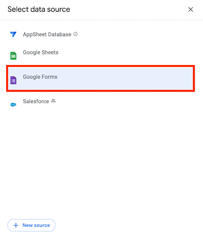 Select Google Forms as the data source