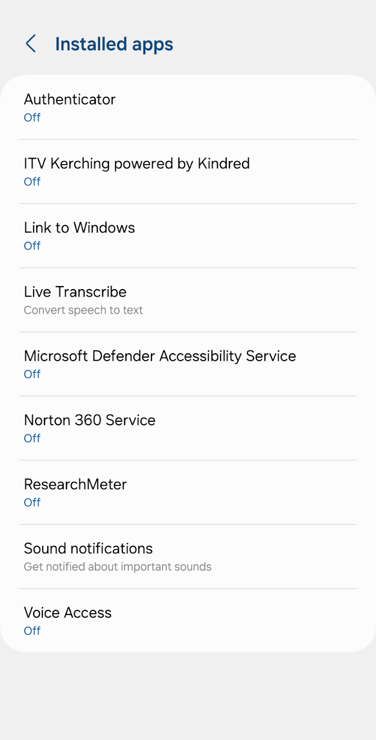 List of installed apps including ResearchMeter