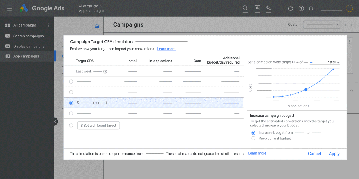 Eine UI-Animation, die die Verwendung des Gebotssimulators in Google Ads demonstriert.