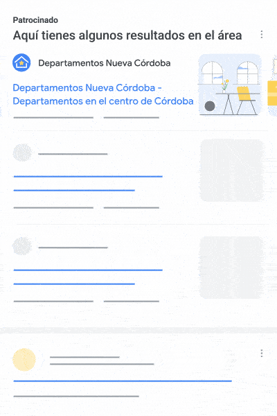Esta animación es un ejemplo de una colección de resultados del anuncio de búsqueda local, en los que tu anuncio muestra los recursos específicos de tu campaña.