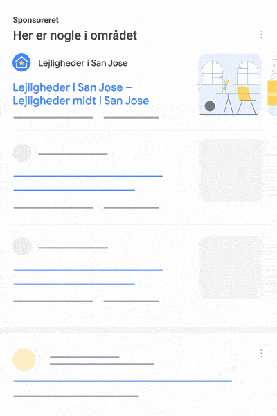 Denne animation er et eksempel på en samling resultater med søgeannoncer til lokal søgning, hvor din annonce vises med dine kampagnespecifikke aktiver.