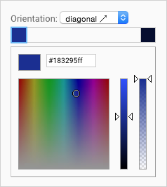 Het bedieningselement voor kleurovergangen toont de geselecteerde hexadecimale kleur #183295ff en de diagonale optie die is geselecteerd in het dropdownmenu Stand. 