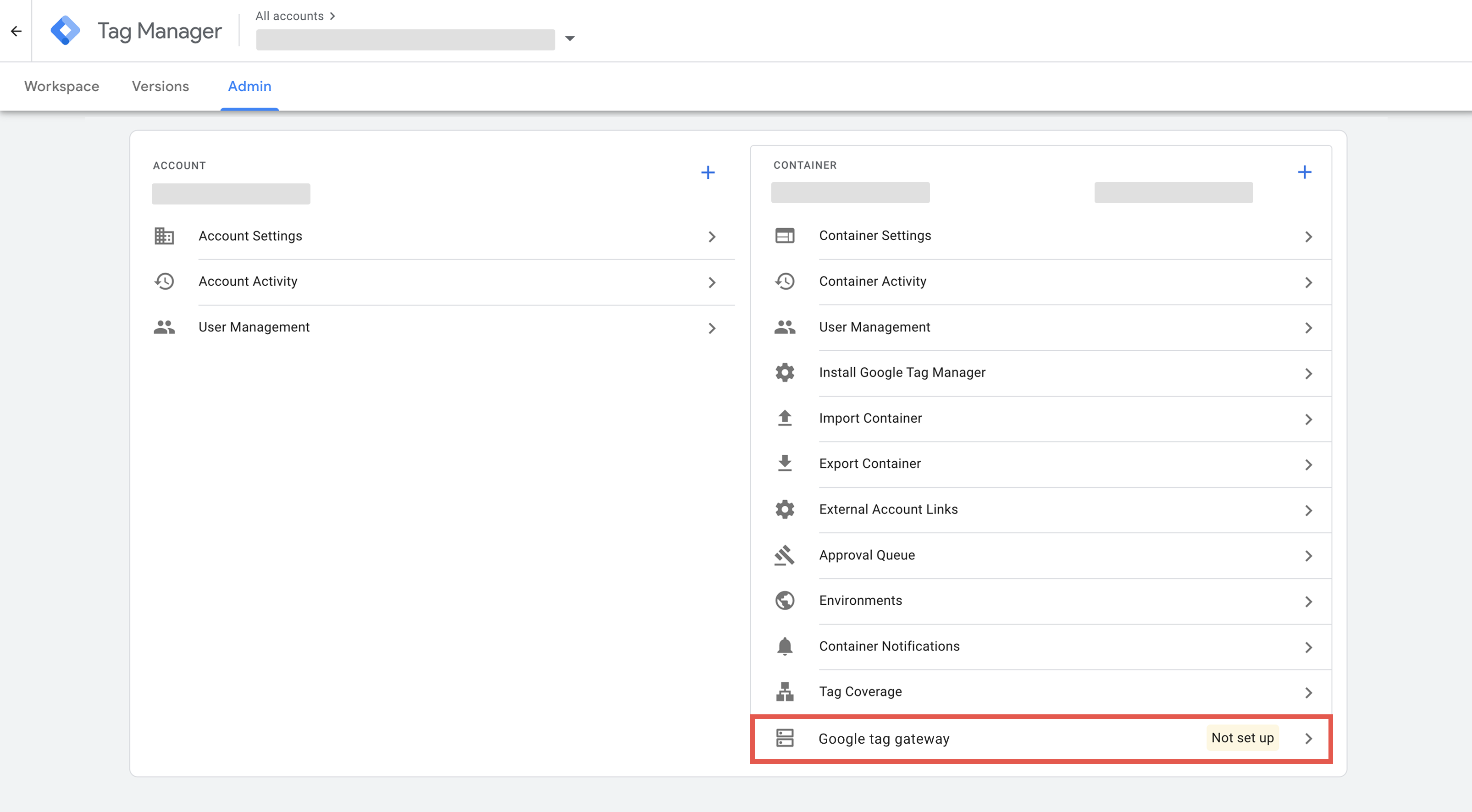 Google tag gateway setup in Google Tag Manager first step