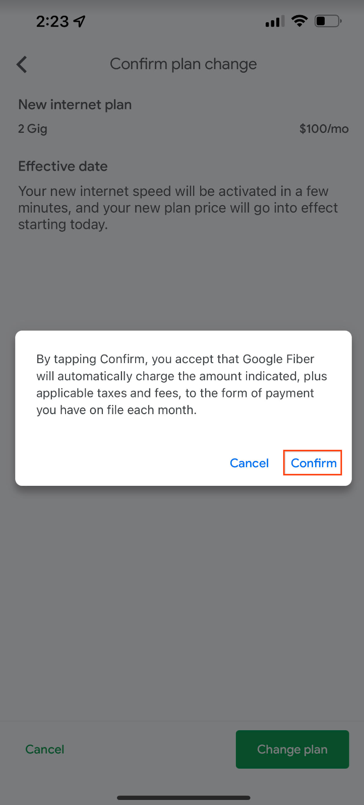 Fiber App confirm plan change