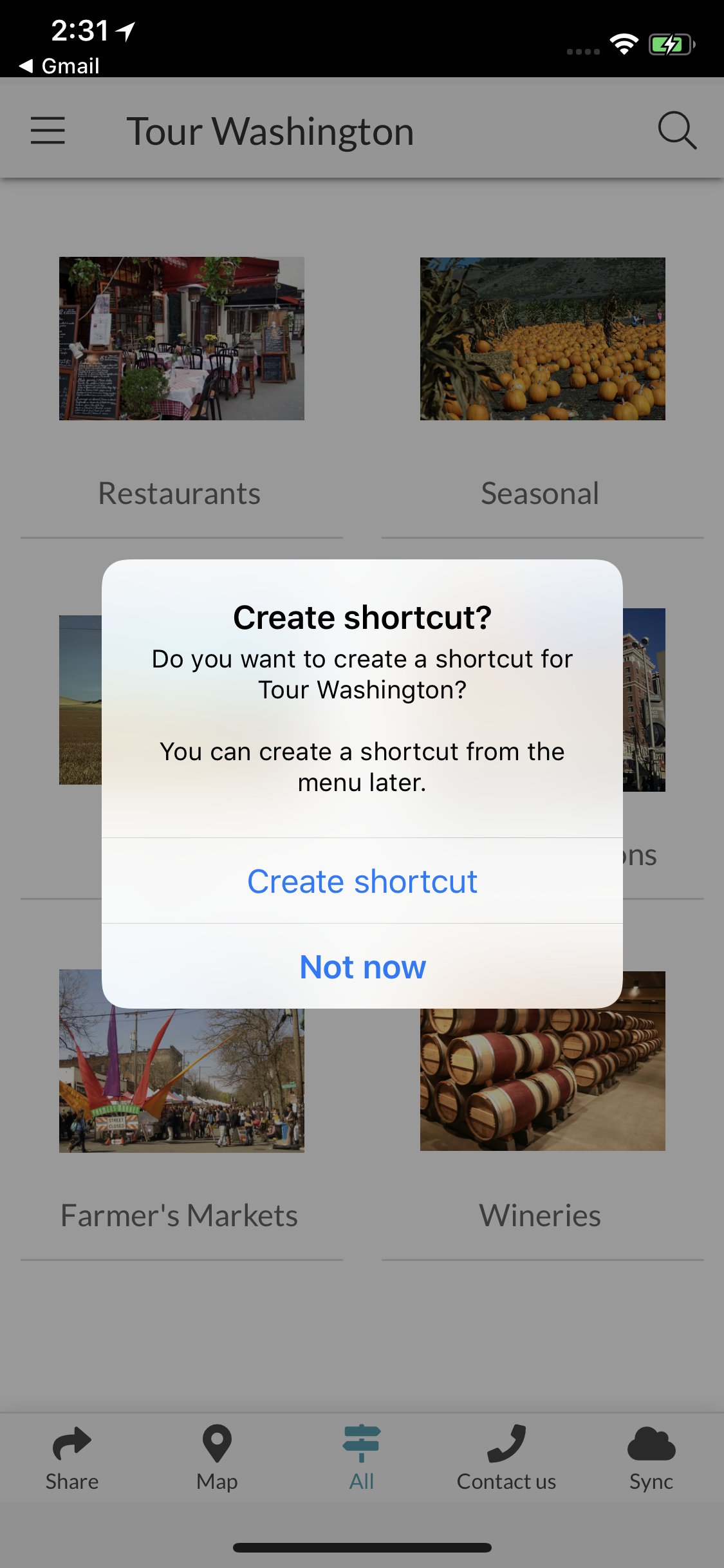 Dialog prompting to create a shortcut