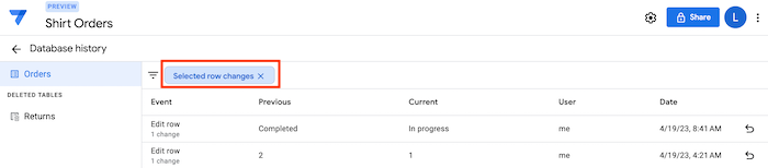 Database history for selected row