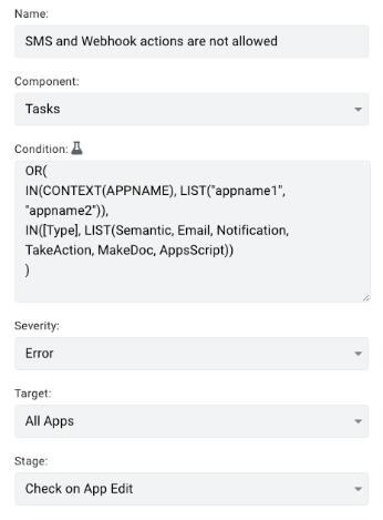 Custom policy that limits the types of automation tasks unless the app name is on the approved list