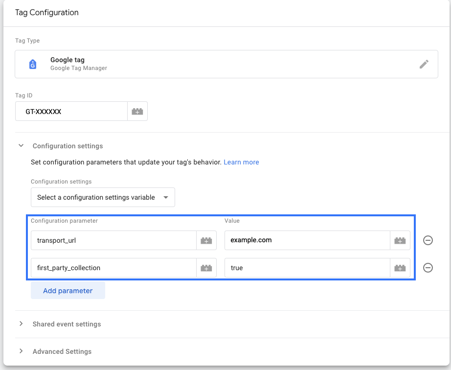 Screenshot of a Google tag with the parameters set to send data to a server container.