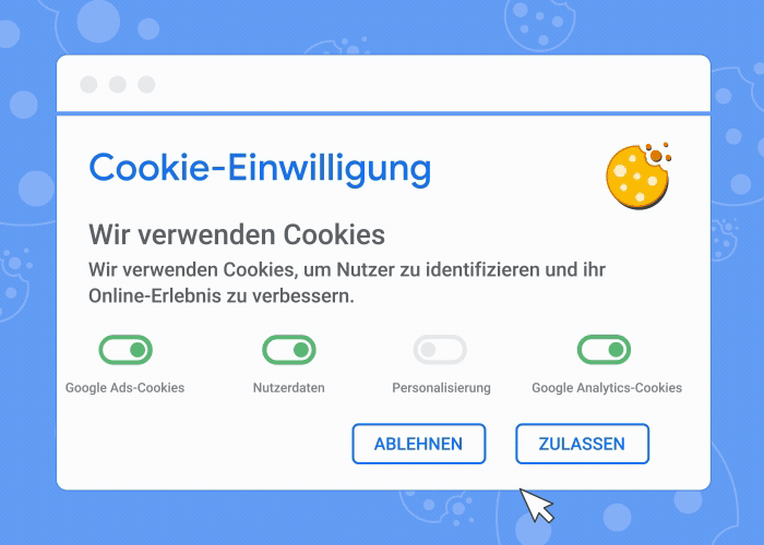 Die Animation zeigt ein Cookie-Einwilligungsbanner und was passiert, wenn Cookies akzeptiert oder abgelehnt werden.