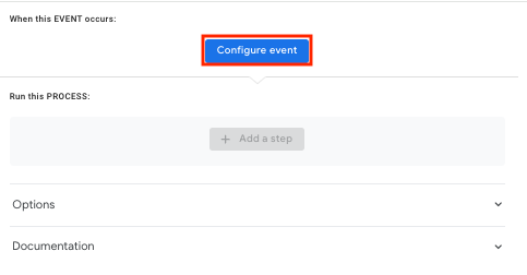 Click Configure event in the bot flow in the center pane