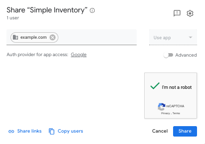 Share app dialog showing how to share an app with a domain.
