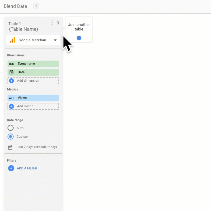 Animated gif showing how to add a calculated field to a blend table. The formula used is Views / Event count.