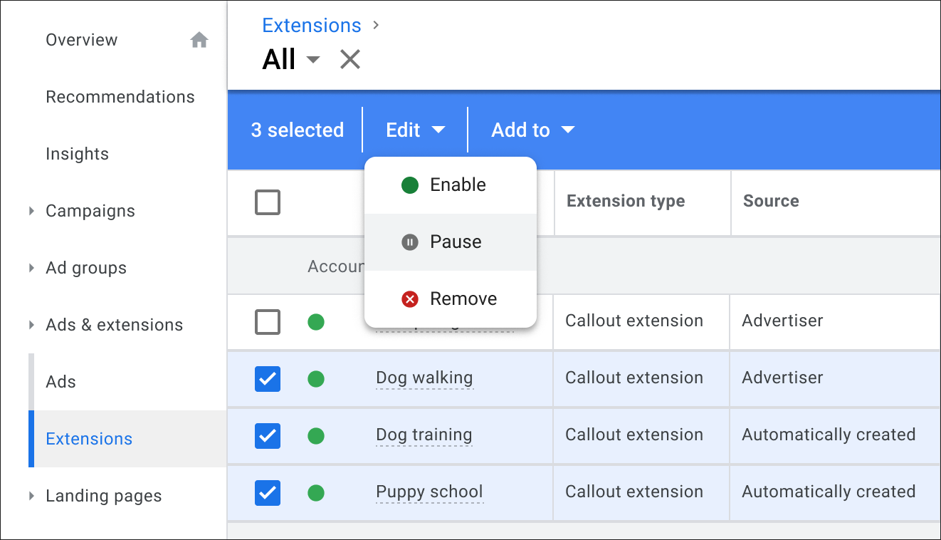 Rapport extensions d'annonces Google