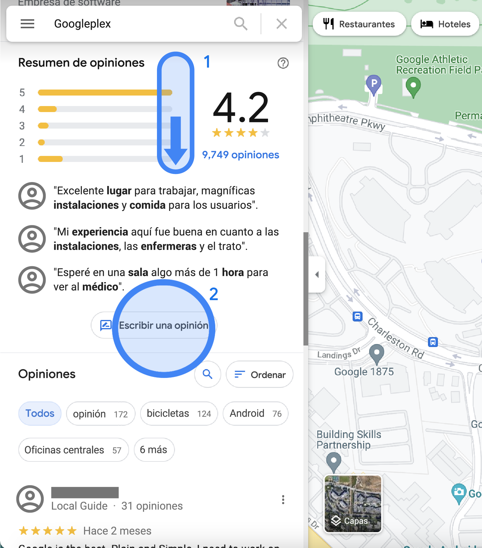 Se muestra el resumen de las opiniones sobre la ubicación de Googleplex en la barra lateral izquierda en Google Maps. Esta muestra las calificaciones promedio, las opiniones destacadas, un botón que dice "Escribir una opinión" y una lista de todas las opiniones.