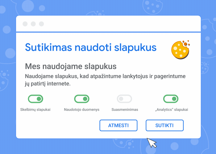 Animacija, kurioje rodoma sutikimo naudoti slapukus reklamjuostė ir kas nutinka, jei sutinkate naudoti slapukus arba atmetate sutikimą juos naudoti.