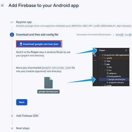 Download the google-services.json configuration file by clicking Download google-services.json