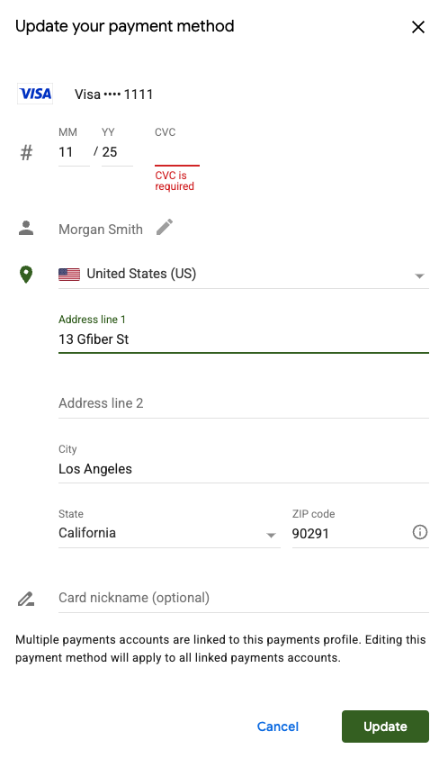 The modal within the GFiber customer portal to update a payment method. This example customer is updating their Visa card. There are inputs for the card expiration date, CVC, name, and address. There is an optional input for card nickname.