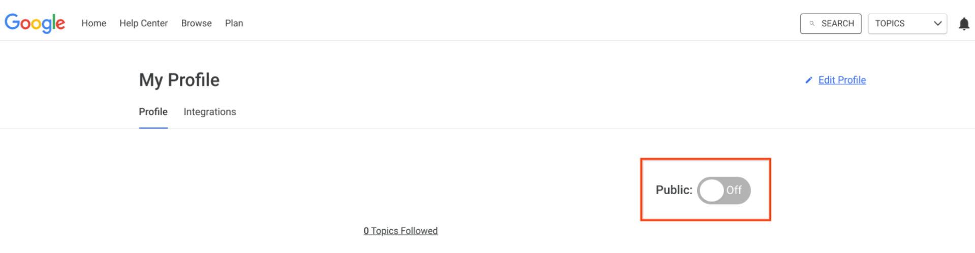 Image shows where the public profile toggle is on the My Profile page. 