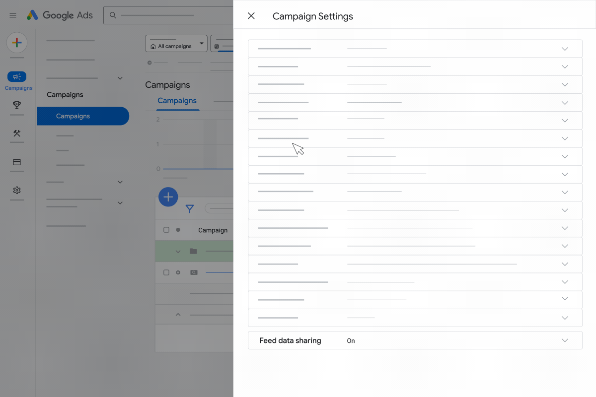 An illustration showing navigation to the feed data sharing options using Campaign settings.