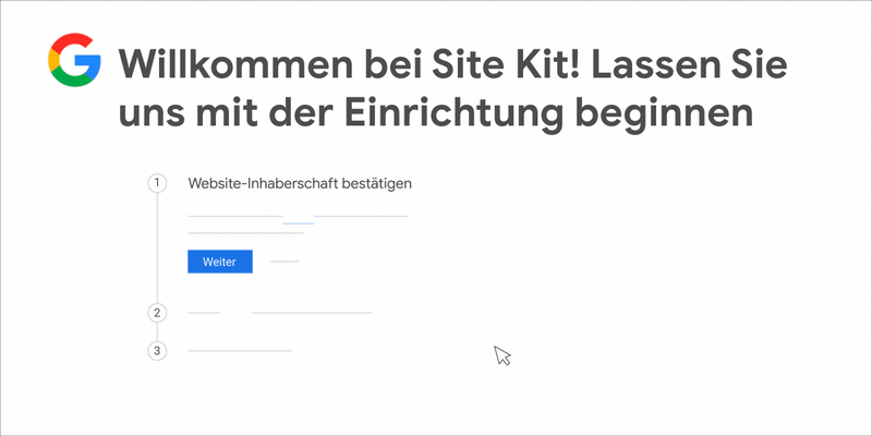 Ein animiertes GIF, das zeigt, wie die Inhaberschaft der Website bestätigt und Site Kit in WordPress eingerichtet wird.