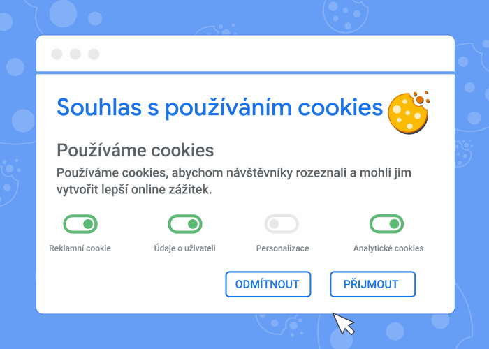 Animace znázorňující lištu s žádostí o souhlas s používáním cookies a co se stane, když cookies přijmete, nebo zamítnete.