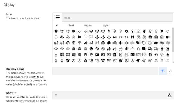 Display options for a view