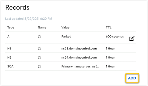 The Add button is highlighted on the DNS records page.