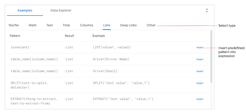 View and insert example patterns into expressions using the Examples tab.