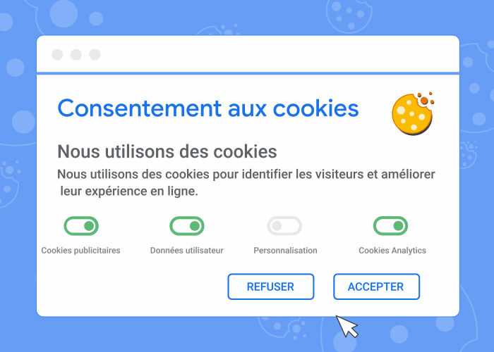 Animation montrant une bannière de consentement aux cookies et ce qui se passe si vous acceptez ou refusez les cookies
