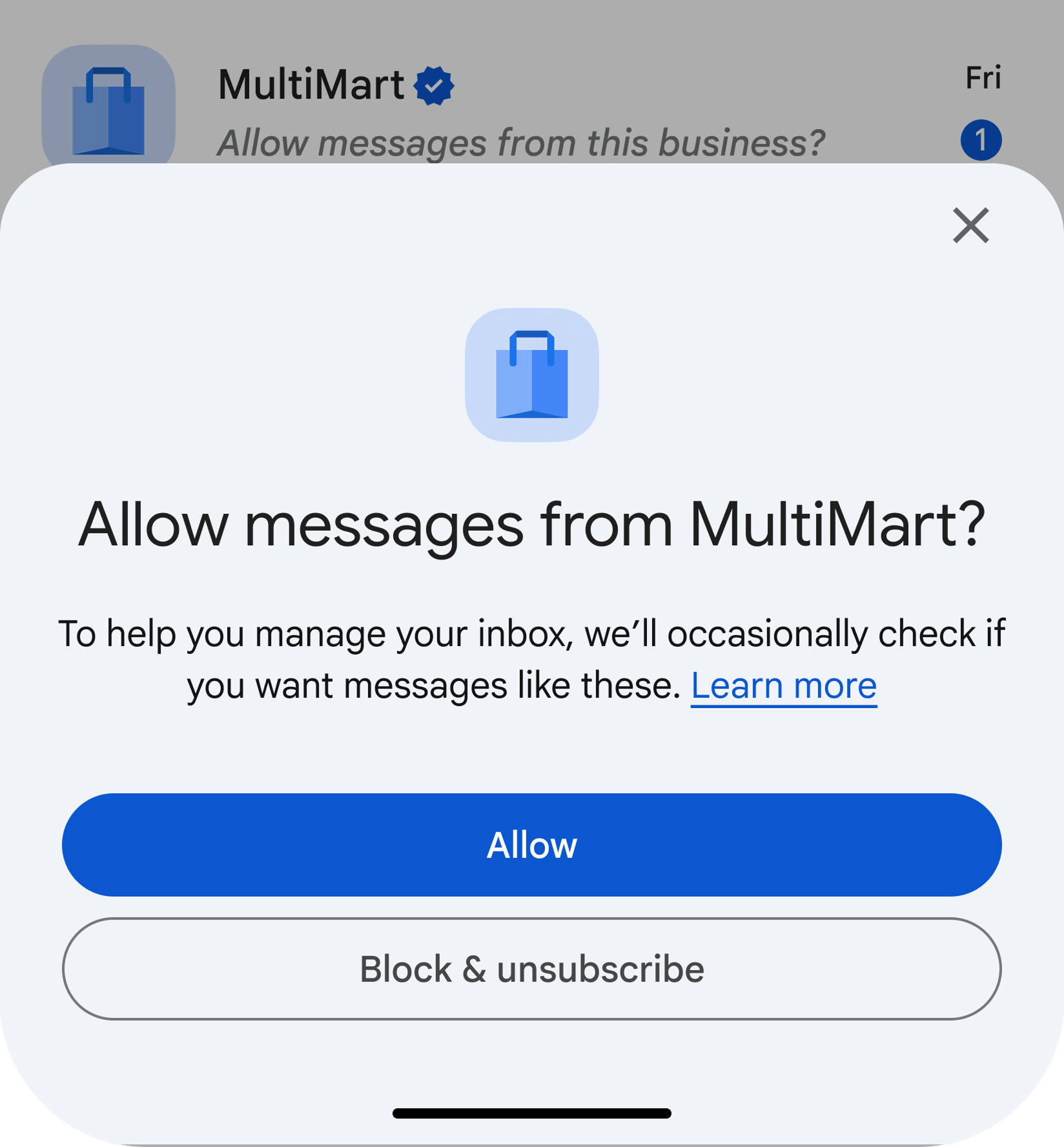 A consent dialog to choose if you want to receive messages from businesses or not.