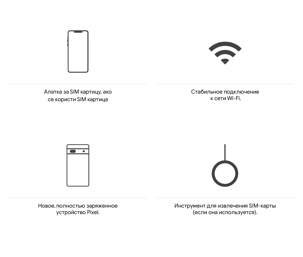 Текущее устройство и его зарядный кабель. Оно должно быть полностью заряжено, и на нем нужно установить последнюю версию программного обеспечения. Сеть Wi-Fi. Подключение к ней должно быть стабильным. Новое устройство Pixel. Зарядите его полностью. Инструмент для извлечения SIM-карты, если вы ее используете.