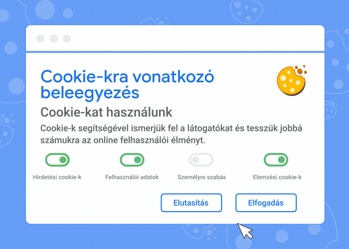 A cookie-kra vonatkozó beleegyezési üzenetszalagot és azt bemutató animáció, hogy mi történik, ha elfogadja vagy elutasítja a cookie-kat.