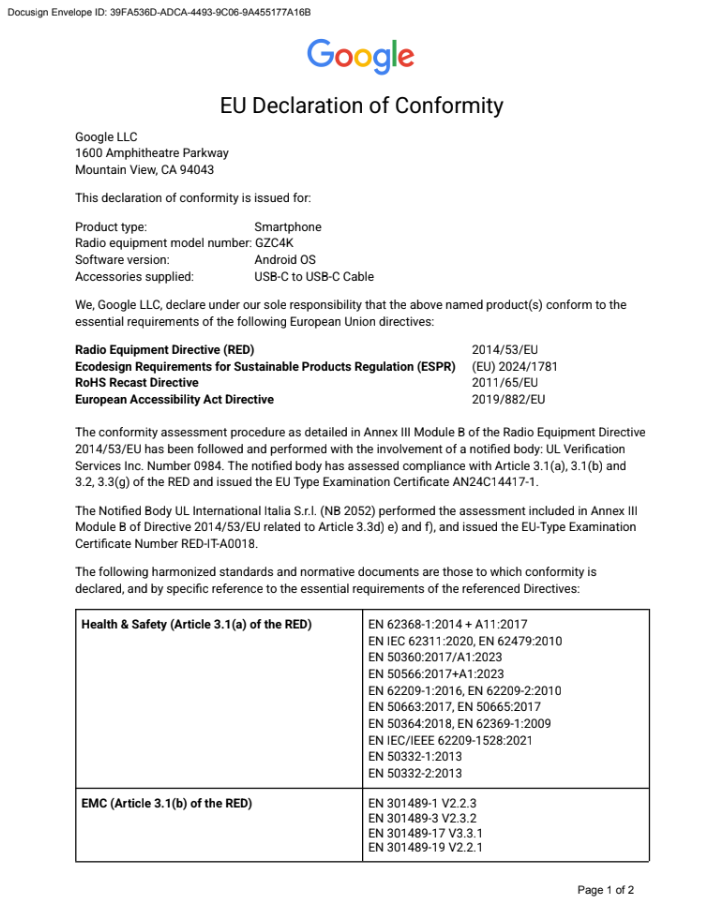 EU DoC Pixel 9 Pro XL GZC4K p1