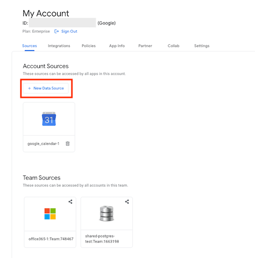 Sources tab on My Account page current data sources and New Data Source buton