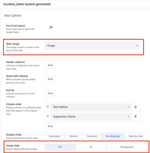 On the Views tab of the UX section, the Main image and Image style properties can be set
