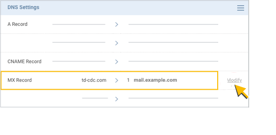 A red circle highlights the Modify link in the DNS Settings section.