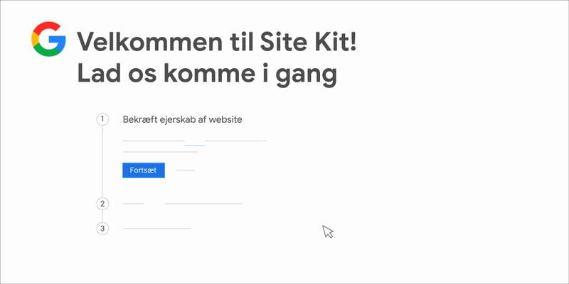 En animeret GIF-fil, der viser, hvordan du bekræfter ejerskabet af websitet og konfigurerer Site Kit i WordPress.