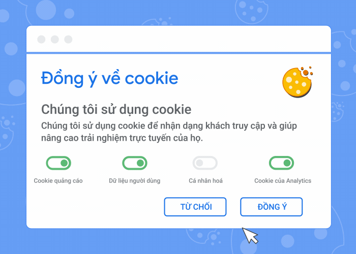 Ảnh động cho thấy biểu ngữ yêu cầu đồng ý sử dụng cookie và những gì sẽ xảy ra nếu bạn chấp nhận hay từ chối cookie.