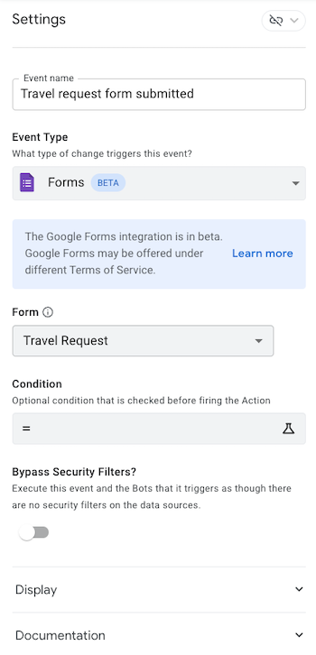 Forms event settings