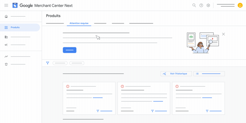 Cette animation vous montre comment afficher l'historique de l'état de vos produits dans Google Merchant Center Next.
