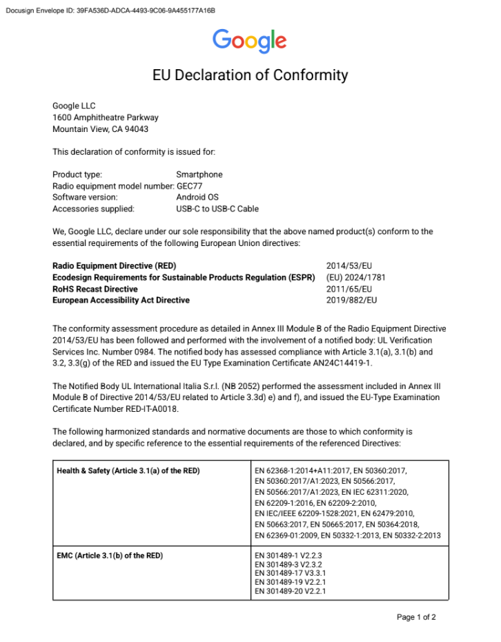 EU DoC Pixel 9 Pro GEC77 p1