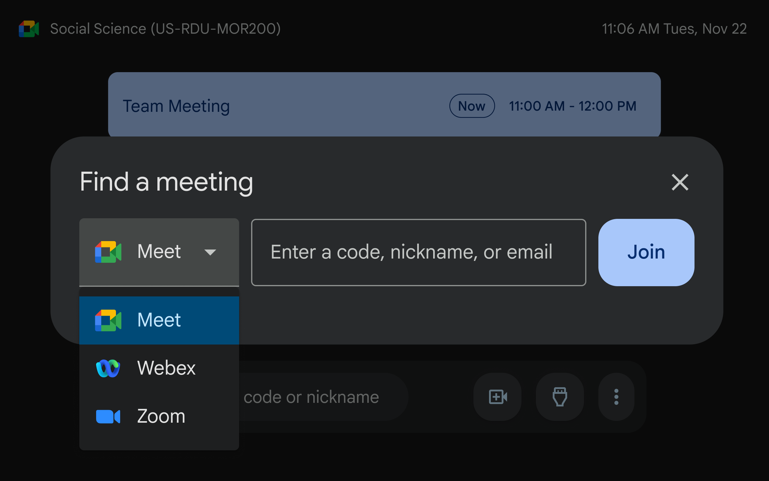 Pre-meeting UI for users on Interop devices