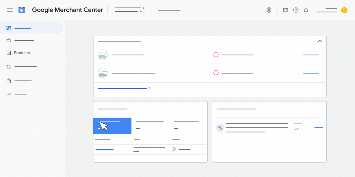 This animation guides you through the steps of finding account-level issues with your campaign in Google Merchant Center.
