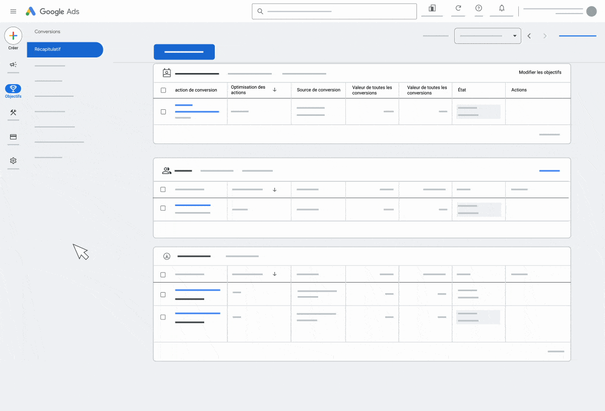 Écran de mise à jour des catégories de conversion dans l'interface utilisateur