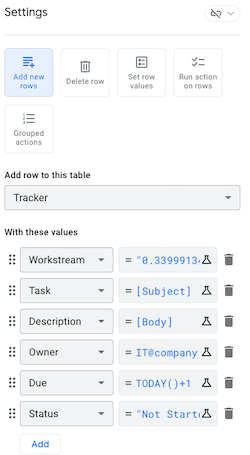 Settings pane for add new row
