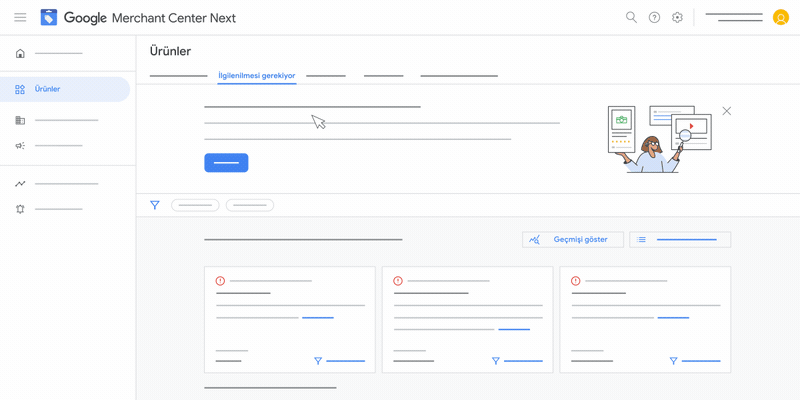 Bu animasyonda, Google Merchant Center Next'te ürün durumu geçmişinizi nasıl görüntüleyeceğiniz gösterilmektedir.