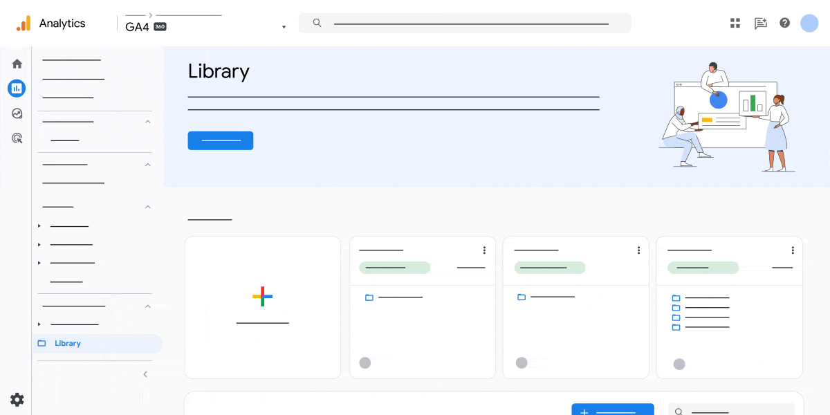 An animation demonstrating the steps to copy a report from one property to another in GA4.
