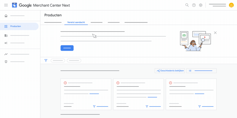 Deze animatie toont hoe u de geschiedenis van uw productstatus bekijkt in Google Merchant Center Next.